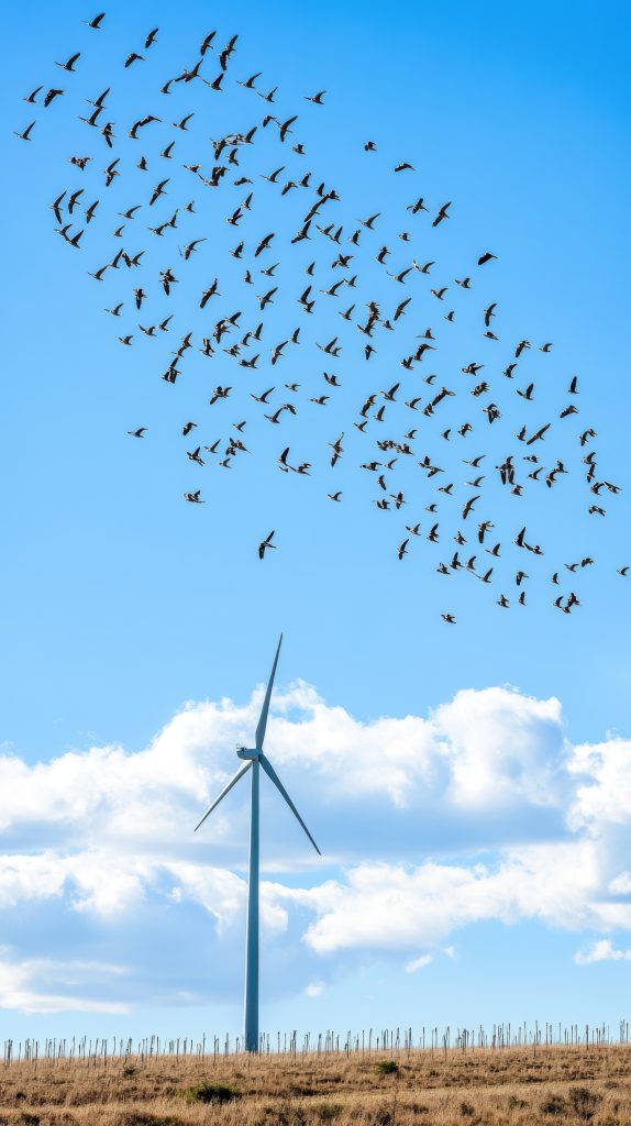 Large flock of birds flying over a wind turbine in a field under a cloudy sky, representing the harmony between nature and renewable energy